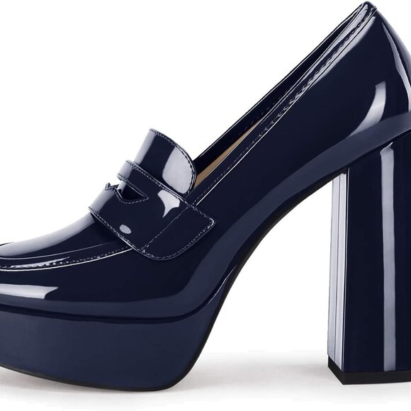 Women's Patent Leather Platform Loafers 4.5 Inch Heels Dress Shoes Pumps - Picture 1 of 5